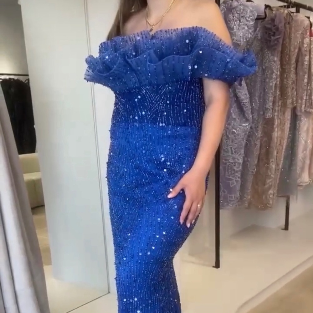 Blue Sequin Off-Shoulder Evening Gown (Designer: Nadira Kika)